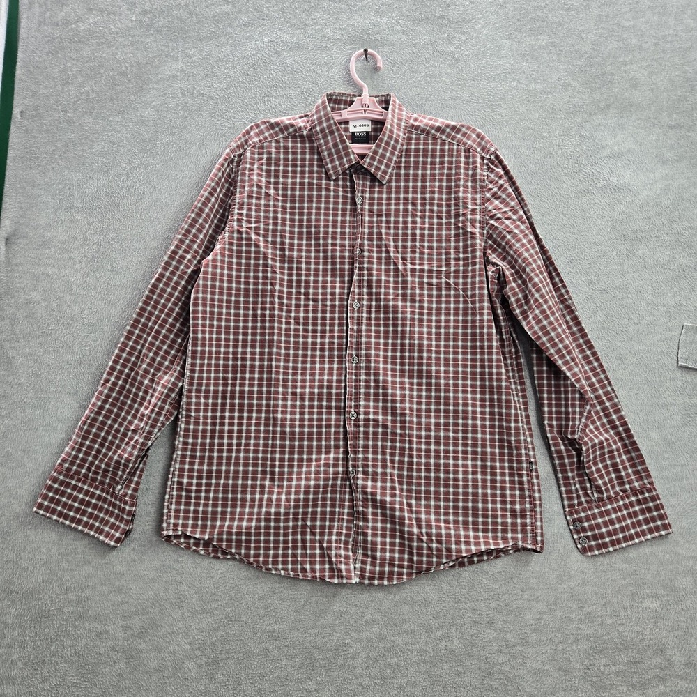 Hugo Boss Men Button Up Shirt‎ XL Red Plaid Long Sleeve Cotton Collar Adult